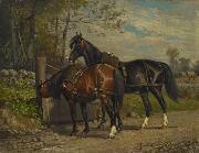 unknow artist Two Horses at a Wayside Trough Sweden oil painting artist